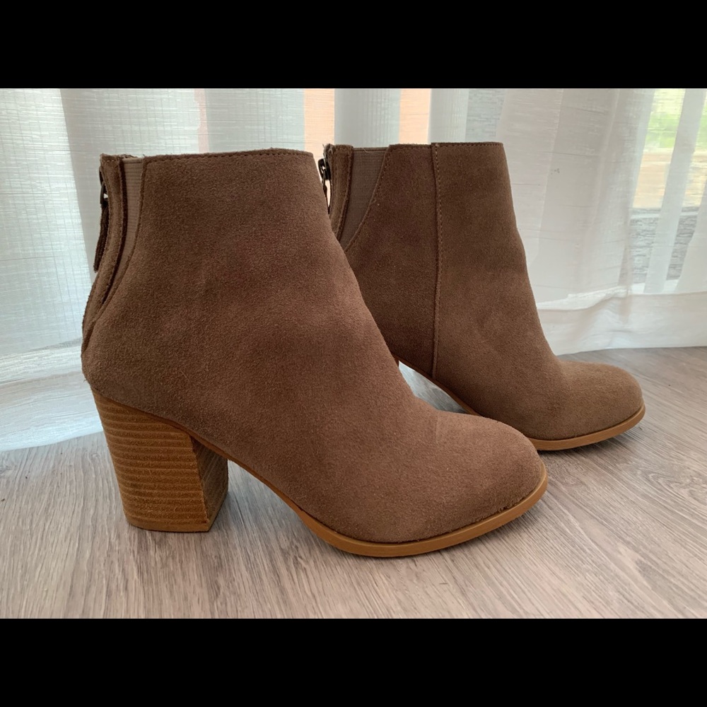 Faux suede heeled booties taupe urban outfitters